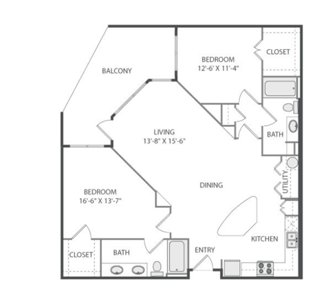 Floor plan for 2 beds, 2 baths, 1129 sqft